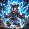 A stylized illustration of an angry brown bear with glowing blue eyes and lightning crackling around its body, set against a dark background.