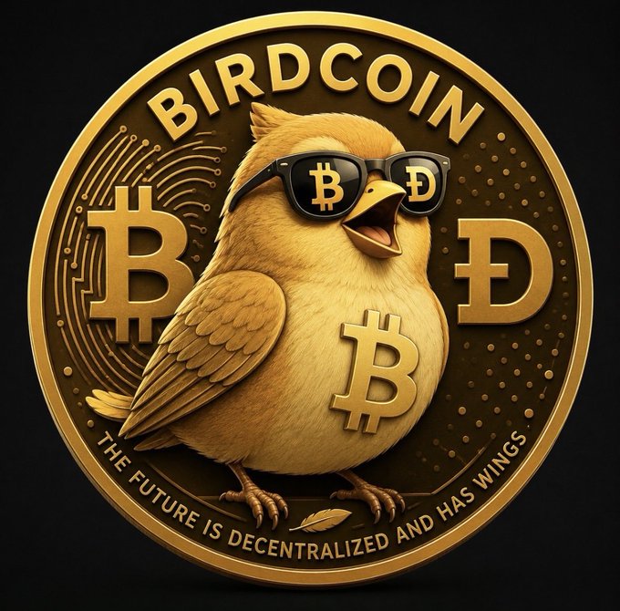 Digital artwork of a 'BIRDCOIN' token featuring a chubby yellow bird wearing sunglasses with Bitcoin logos, with the text 'The Future is Decentralized and Has Wings.'