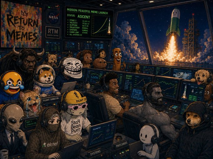 A detailed illustration depicting a chaotic mission control scene with various internet meme characters (including Doge, Trollface, and others) watching a rocket launch, labeled "MISSION: PEACEFUL MEME LAUNCH" and "MY RETURN TO MEMES".