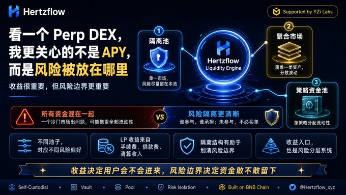 An infographic about 'Hertzflow' Liquidity Engine for a Perp DEX, featuring Chinese text about risk isolation and pool strategies, supported by 'YZi Labs' and 'Built on BNB Chain'.