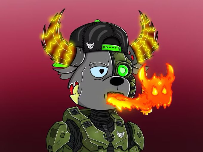 A cartoon-style NFT art piece featuring a cybernetic gray dog wearing a backwards cap, breathing fire, with glowing yellow lightning wings and military armor.