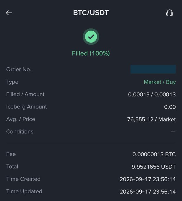 A cryptocurrency trading app screenshot showing a BTC/USDT filled market buy order for 0.00013 BTC at an average price of 76,555.12, dated 2026-09-17.