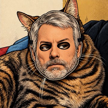 A comic book-style illustration depicts a man with gray hair and beard, wearing a black mask, superimposed onto the body of a tabby cat with prominent ears.