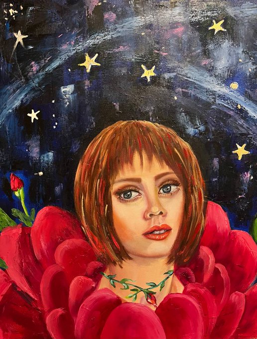 A painted portrait of a young woman with a red bob haircut surrounded by a large red rose, set against a dark blue starry night sky background.