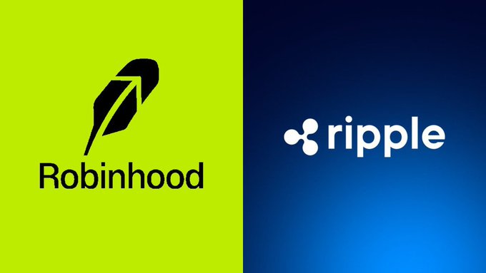 The image displays side-by-side logos of Robinhood (on a bright green background) and Ripple (on a dark blue background), representing the two companies named in the rumor about Ripple's alleged $369 billion acquisition of Robinhood.