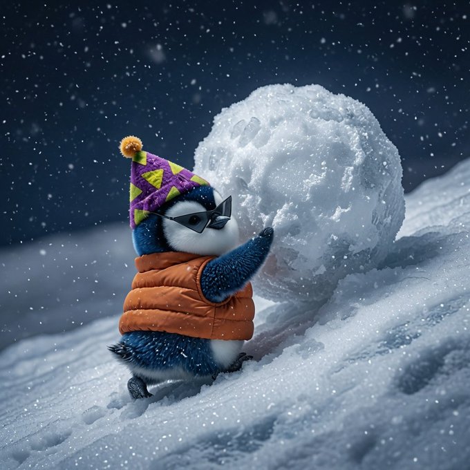 A determined penguin wearing a colorful party hat and sunglasses, bundled in an orange puffer jacket, pushes a giant snowball up a snowy hill as snowflakes fall around him—capturing the spirit of perseverance and playful resilience in a whimsical winter scene that pairs with the encouraging "Keep going, Keep pushing" message celebrating Pudgy Penguins.