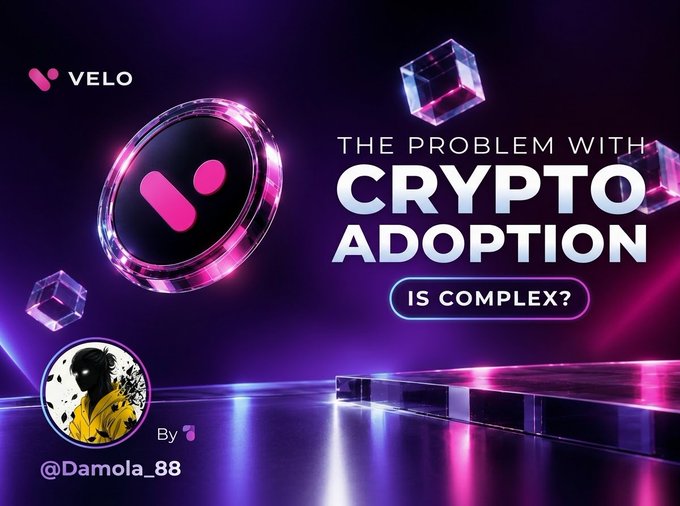 A promotional graphic for Velo features a pink glowing logo alongside the headline 'THE PROBLEM WITH CRYPTO ADOPTION IS COMPLEX?' credited to '@DaMaola_88' against a purple background with floating crystals.