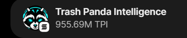 The image shows the Trash Panda Intelligence logo with "955.69M TPI" prominently displayed, serving as the branding for the $TPI airdrop promotion on the trashpandaintel.fun website, featuring their raccoon mascot and highlighting the token's supply alongside the giveaway announcement.