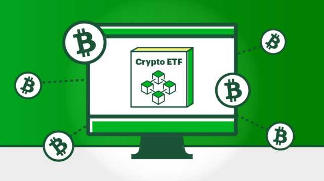 An illustration showing a computer monitor displaying a 'Crypto ETF' box, surrounded by floating Bitcoin symbols on a green background.
