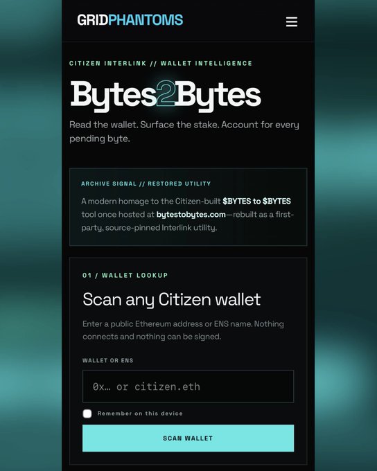 A website screenshot for 'GRIDPHANTOMS' displays a 'Bytes2Bytes' tool described as 'CITIZEN INTERLINK // WALLET INTELLIGENCE' with a wallet lookup field accepting '0x... or citizen.eth' addresses.