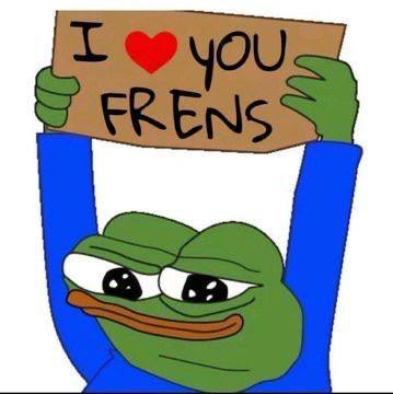 The image features a cartoon frog with green skin, wearing a blue shirt that has "I love you" written on it. The frog appears to be holding up a sign above its head, which reads "I love you Frens". This humorous scene is related to the post in question, as it seems to be promoting or encouraging people to express their love and affection for someone named "Frens".