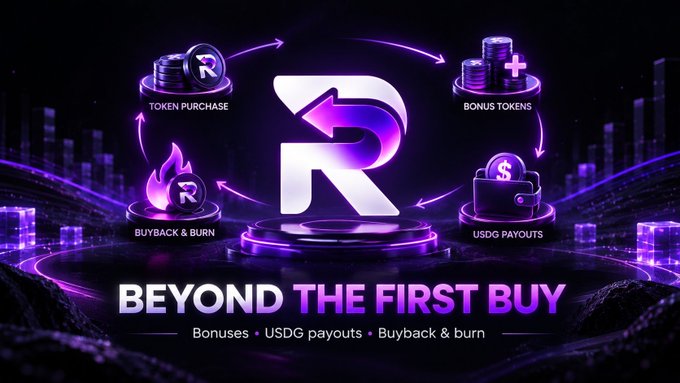A neon cryptocurrency promotional graphic shows a stylized “R” logo surrounded by token icons and labels including “TOKEN PURCHASE,” “BONUS TOKENS,” “BUYBACK & BURN,” and “USDG PAYOUTS.” Large text reads “BEYOND THE FIRST BUY,” with “Bonuses • USDG payouts • Buyback & burn” below.
