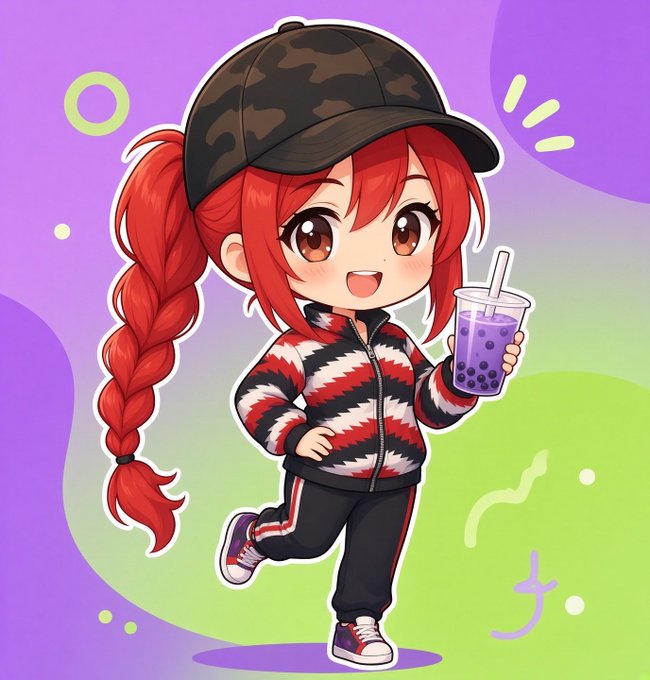 A chibi-style anime girl with long red braided hair, a camouflage cap, and a red/black patterned jacket holds a cup of purple boba tea while walking.