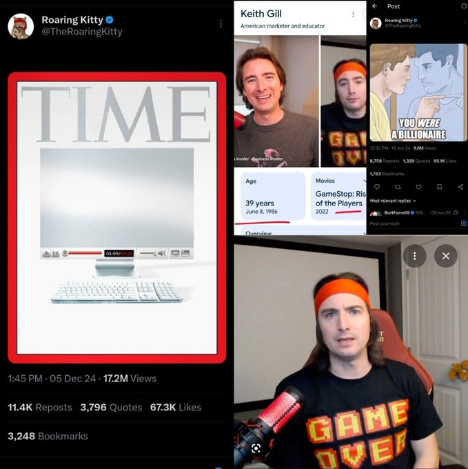 A collage featuring a Roaring Kitty (@TheRoaringKitty) Twitter post of a TIME magazine cover turned to static with "Its Time" dated December 5, 2024, alongside screenshots of Keith Gill's profile (age 39, born June 8, 1986, featured in "GameStop: Rise of the Players" 2022) and his livestream wearing a "GAME OVER" shirt and orange headband, marking the countdown to July 22, 2025 from the viral post.