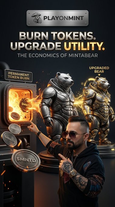 A promotional advertisement for 'PLAYONMINT' featuring the text 'BURN TOKENS. UPGRADE UTILITY. THE ECONOMICS OF MINTBEAR,' showing armored bear statues, $MNTD tokens being burned, and a man pointing at the display.
