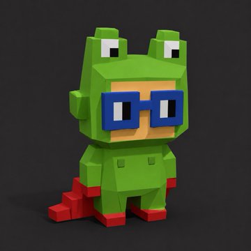 A 3D voxel-style character of a green frog wearing blue glasses and red shoes.