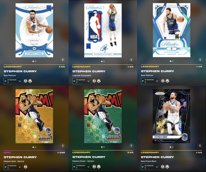 Six digital Stephen Curry trading cards from Panini Blockchain, each labeled "LEGENDARY" with 1/1 mint numbers, displayed as the "First card" collectibles.