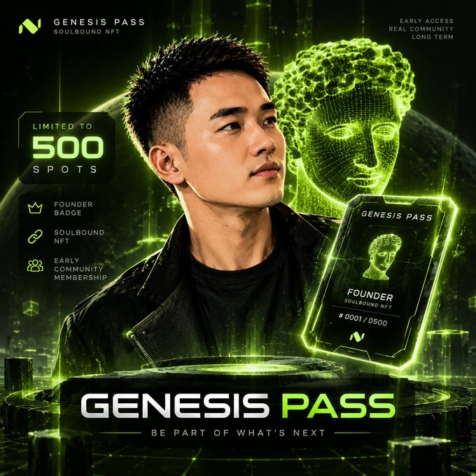 A digital NFT promotional poster for 'GENESIS PASS SOULBOUND NFT' limited to 500 spots, featuring an Asian man looking at a glowing green digital bust.