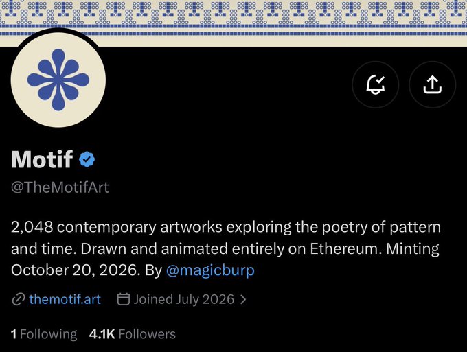 A Twitter/X profile page for "Motif" (@TheMotifArt), a verified account featuring a blue floral logo and a decorative patterned header, with bio text describing "2,048 contemporary artworks exploring the poetry of pattern and time. Drawn and animated entirely on Ethereum. Minting October 20, 2026. By @magicburp." The profile shows 4.1K followers and a link to themotif.art, aligning with the post highlighting the project's 2,048 supply, Ethereum-based artwork, and connection to artist @magicburp.
