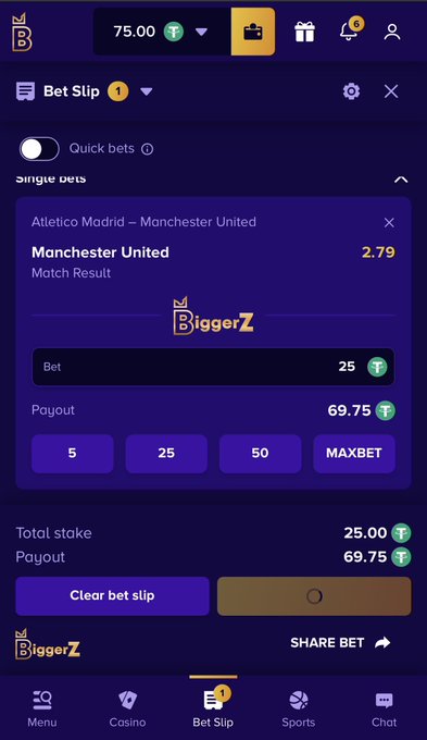 A mobile betting app screenshot showing a bet slip on "BiggerZ" for Atletico Madrid vs Manchester United, with a 25 T bet and 69.75 T payout.