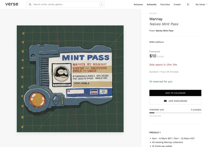 A Verse (NFT marketplace) product page for 'Mannay Naives Mint Pass' priced at $10, showing 9484 editions with a sale opening countdown of 15m 34s.