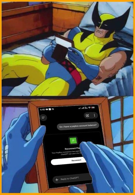 A comic book-style image shows Wolverine in his yellow and blue costume lying in bed, with the lower panel depicting a smartphone screen displaying a ChatGPT conversation asking 'Do I have a paybox account balance?'