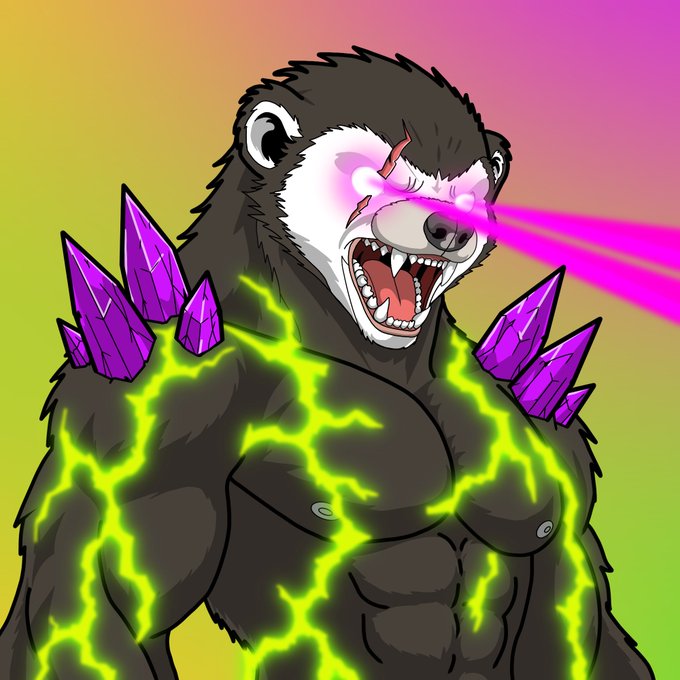A digital illustration of a muscular, roaring bear with glowing pink laser eyes and green lightning crackling across its body, adorned with purple crystal spikes.
