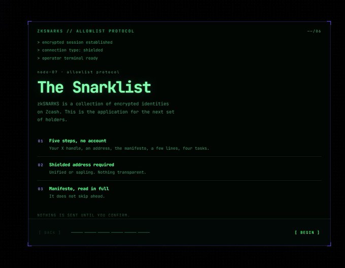 A dark digital interface for 'zKSNARKS // ALLOWLIST PROTOCOL' titled 'The Snarklist', detailing steps including 'Five steps, no account' and 'Shielded address required'.