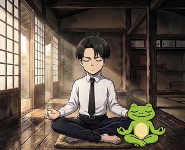 An anime-style illustration of a young man in a white shirt and tie meditating on a cushion inside a traditional Japanese room, accompanied by a small green frog.