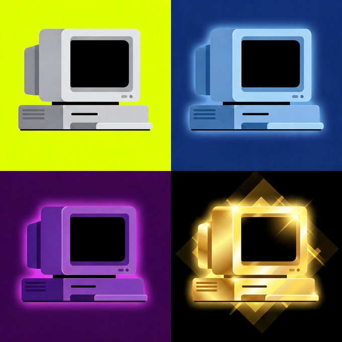 A four-panel grid showing a retro computer monitor and tower in different styles: plain gray, blue glowing, purple glowing, and a golden, diamond-studded 'legendary' version.
