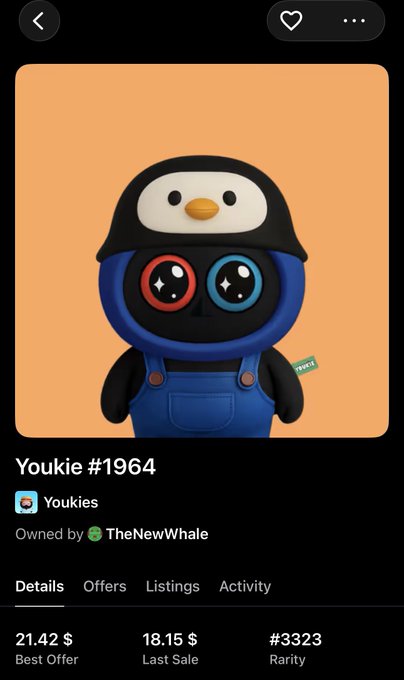 An NFT marketplace screenshot displays 'Youkie #1964' from the Youkies collection, valued at 21.42$, owned by TheNewWhale.