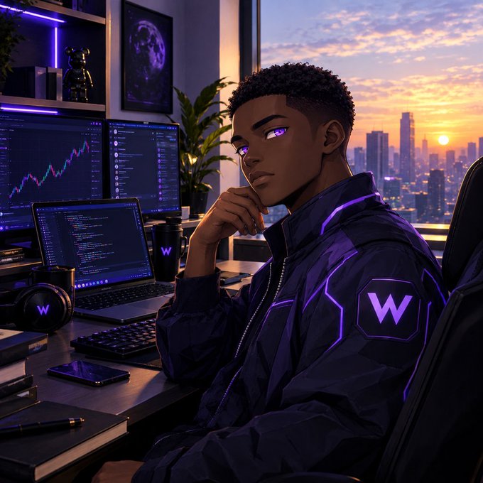 An anime-style illustration of a young man with glowing purple eyes wearing a dark jacket with a 'W' logo, sitting at a multi-monitor trading setup with a city skyline at sunset.
