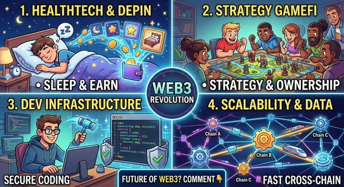 A Web3 Revolution infographic divided into four quadrants: 1. HEALTHTECH & DEPIN (Sleep & Earn), 2. STRATEGY GAMEFI (Strategy & Ownership), 3. DEV INFRASTRUCTURE (Secure Coding), and 4. SCALABILITY & DATA (Fast Cross-Chain).