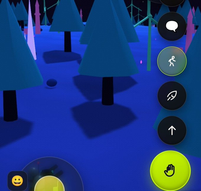 A low-poly 3D video game scene features blue trees and grass with character action buttons (chat, run, jump, hand) on the right side.