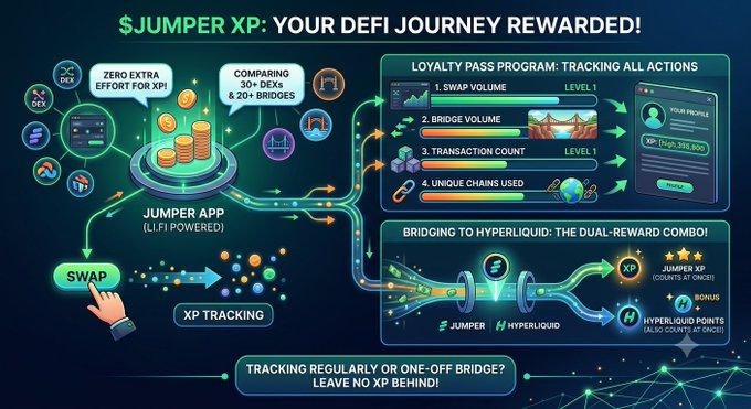 A promotional infographic for '$JUMPER XP: YOUR DEFI JOURNEY REWARDED!' detailing a loyalty pass program. It outlines features like swap and bridge volume tracking, transaction counts, and bridging to Hyperliquid for Jumper XP and Hyperliquid Points.