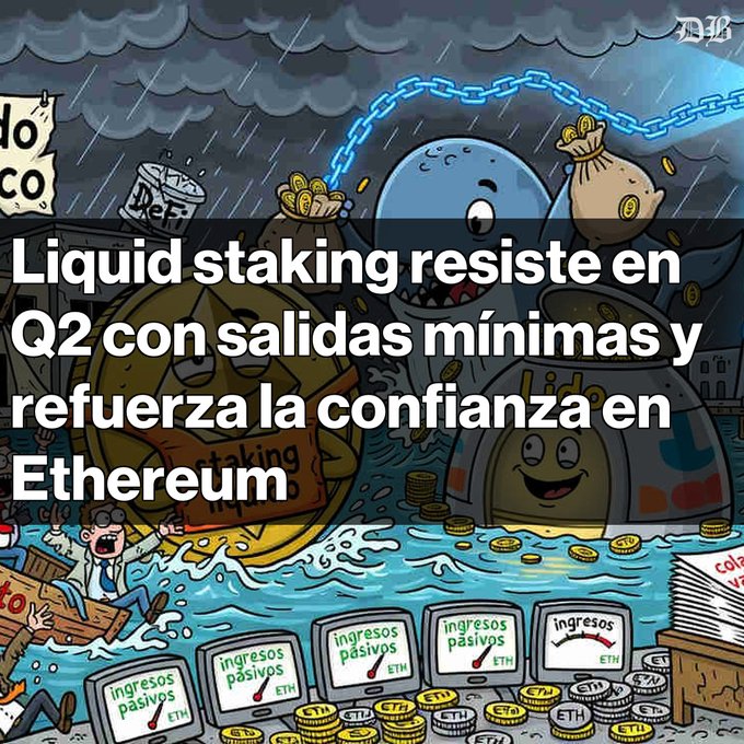 A cartoon illustration of a whale and crypto coins in a storm with the Spanish text overlay 'Liquid staking resiste en Q2 con salidas mínimas y refuerza la confianza en Ethereum'.