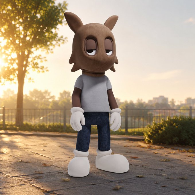 A 3D-rendered cartoon character with a brown furry animal head, wearing a gray t-shirt, jeans, and white cartoon gloves, stands on a path in a park at sunset.