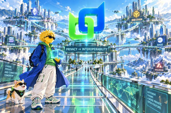 A vibrant digital illustration of a blonde anime-style character holding a glowing 'BDX' cube, with text including 'ETHEREUM', 'BNB CHAIN', 'SOLANA', 'BASE', and 'AVALANCHE', and a banner reading 'PRIVACY -> INTEROPERABILITY'.