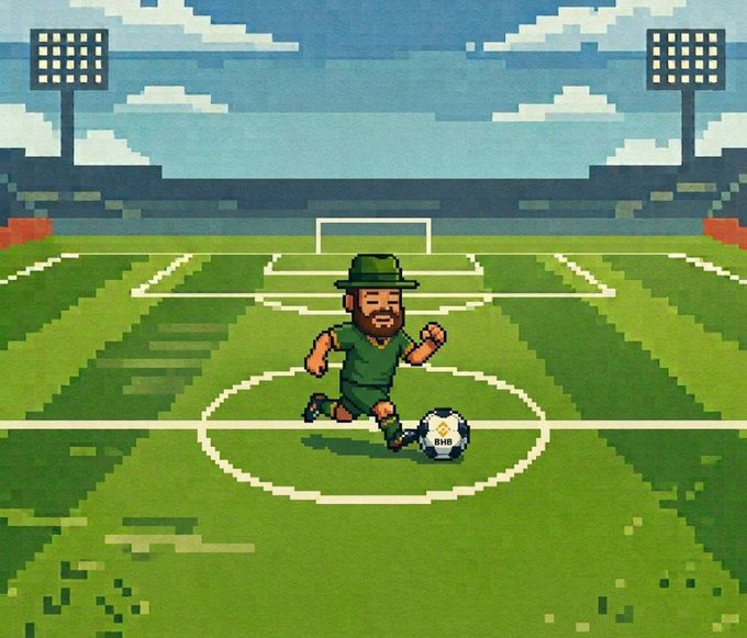 A pixel-art character wearing a green outfit and hat runs with a soccer ball marked "BNB" on a soccer field, tying into the post's soccer imagery and the $Jager/BNB-themed tournament hype by using BNB as the ball to symbolize the goal-oriented pursuit of the project's milestones.