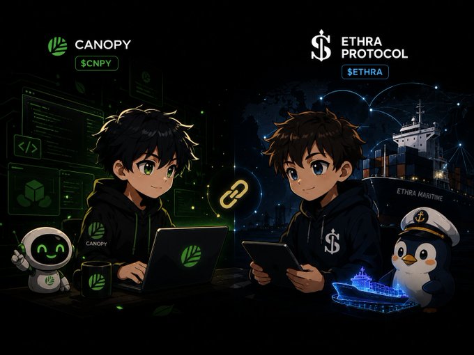 A promotional graphic showing two anime-style characters representing 'CANOPY $CNPY' and 'ETHRA PROTOCOL $ETHRA', connected by a link icon, with a robot mascot and a penguin in a captain's hat beside a cargo ship.