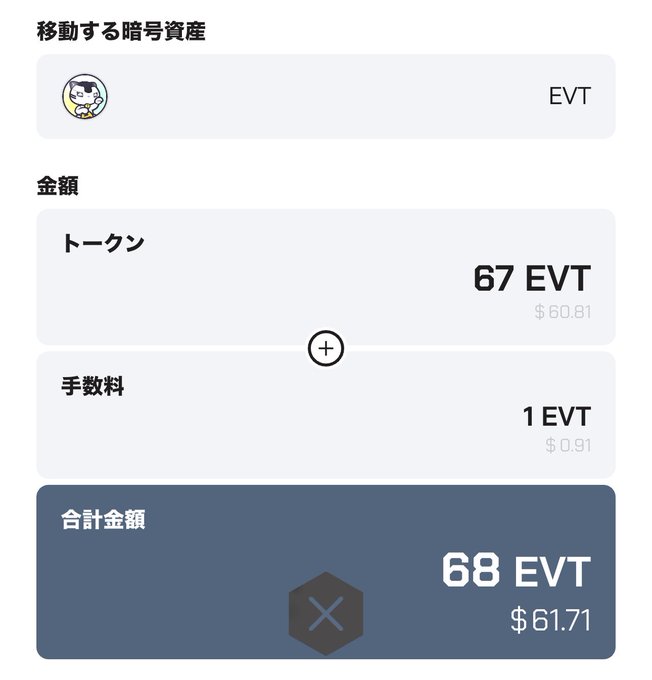 A Japanese cryptocurrency transfer screen showing 67 EVT tokens with a 1 EVT fee, totaling 68 EVT ($61.71), for a transaction labeled '移動する暗号資産' (Transferring cryptocurrency assets).