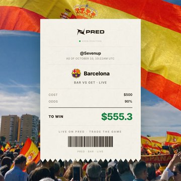 A PRED betting app screenshot showing a wager by '@Sevenup' on 'Barcelona' (BAR VS GET - LIVE)' with a cost of $500, 90% odds, and a potential win of $555.3, set against a background of Spanish flags.
