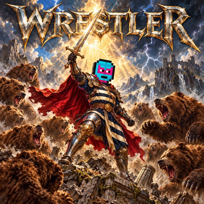 A fantasy-style 'WRESTLER' poster featuring a knight with a pixel-art face holding a sword, surrounded by roaring bears in a dramatic mountainous landscape.