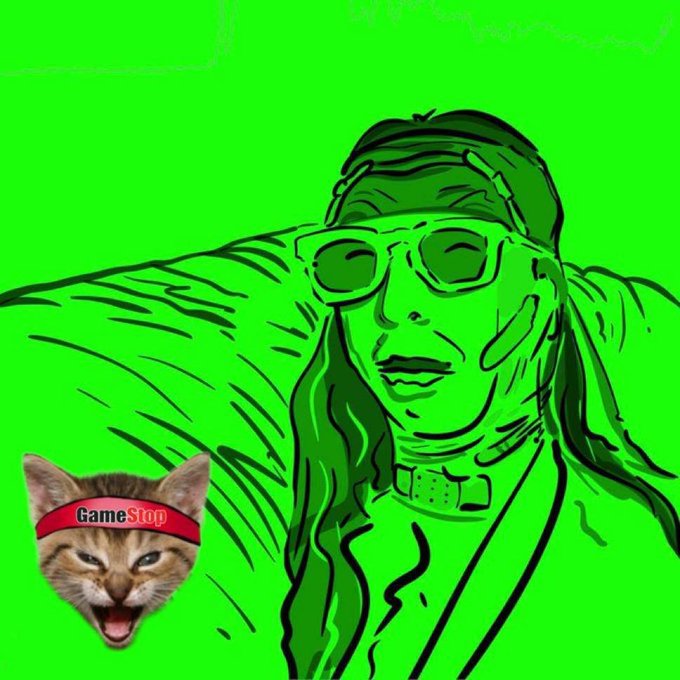 A green-toned stylized illustration of a person with glasses and long hair is shown, accompanied by a small image of a kitten wearing a red "GameStop" headband.