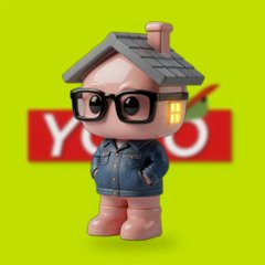 A cartoon-style 3D character with black glasses and a rooftop-shaped hat stands against a bright green background featuring "YOLO" branding in white text on red banners. The post expresses excitement about $YOLO and $DELTA references in NFT artwork, noting these crypto tickers appearing as background elements brought the author joy and motivated a purchase.
