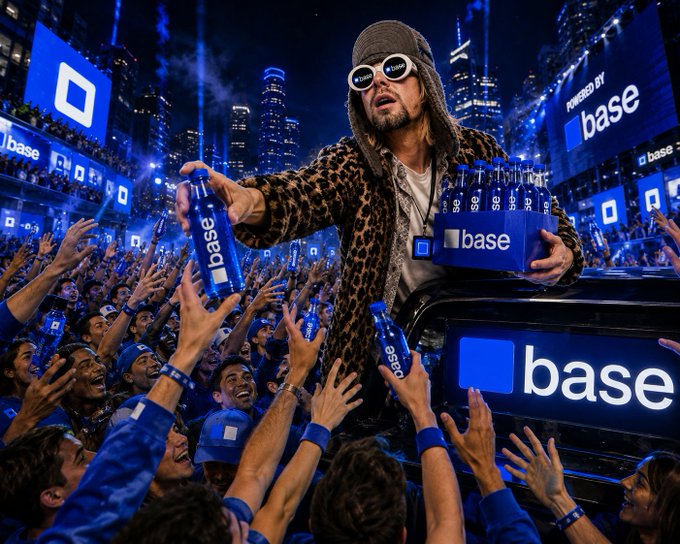 A promotional image showing a man in a beanie and sunglasses handing out blue "base" branded water bottles from a cooler to an enthusiastic crowd at a stadium, with large screens reading "POWERED BY base".