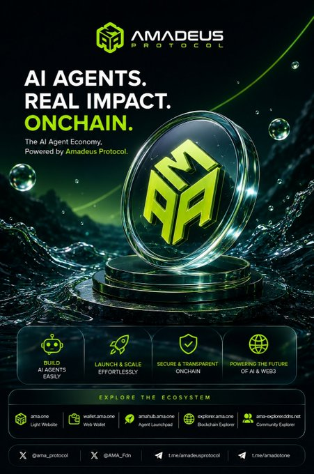 A promotional poster for "AMADEUS PROTOCOL" featuring a glowing green and gold coin with its logo, advertising "AI AGENTS. REAL IMPACT. ONCHAIN" and listing features like "BUILD AI AGENTS EASILY" and website links.
