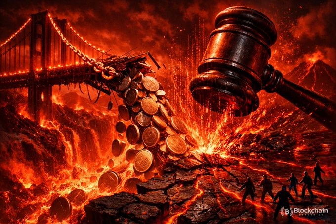 A dramatic, fiery scene showing a cracked landscape with a gavel, a broken suspension bridge, spilling coins, and silhouetted figures, branded with a 'Blockchain News' logo.