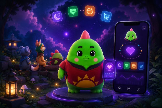 The image features a green dinosaur character standing next to a smartphone displaying an app called "@sleepagotchi" that has been updated for iOS 11. The app allows users to track their sleep patterns, set goals, and receive personalized coaching based on their real-time data. The scene is set in a forest at night with the character surrounded by trees and other animals such as a cat and a dog.