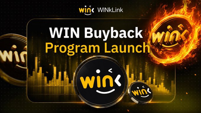 A promotional graphic for "WINkLink" announcing the "WIN Buyback Program Launch," featuring the WIN coin logo surrounded by flames and a financial candlestick chart backdrop, with multiple WIN coin tokens displayed across the design.